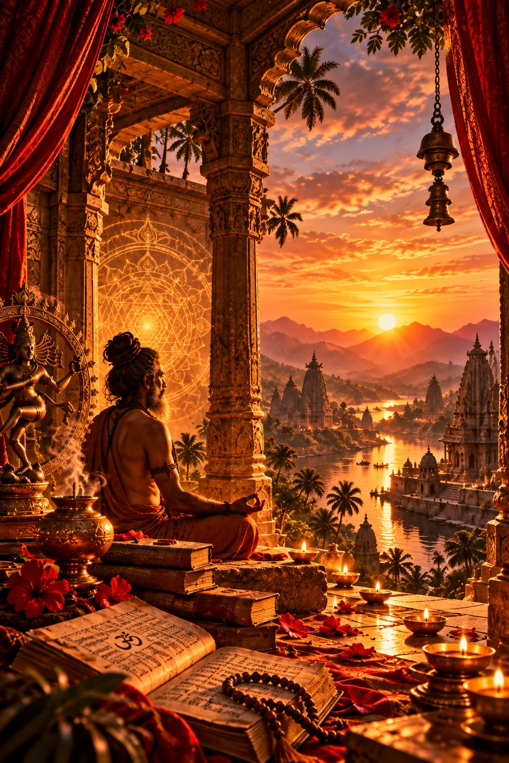 Mestre em meditação em um templo ancestral indiano, com manuscritos antigos, lamparinas acesas e templos ao pôr do sol
