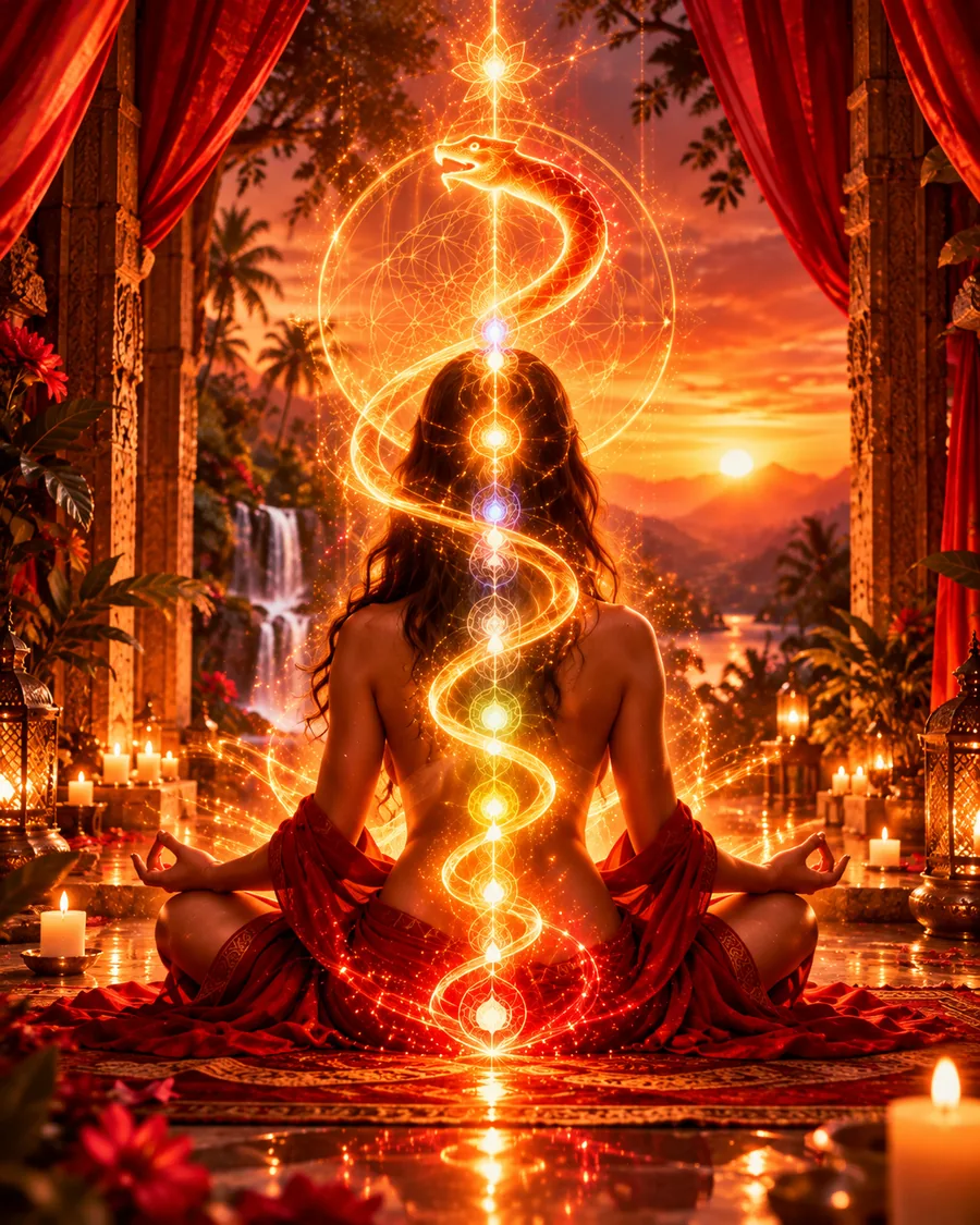 Ilustração vertical da energia Kundalini: serpente luminosa ascendendo pelos sete chakras de uma pessoa em meditação