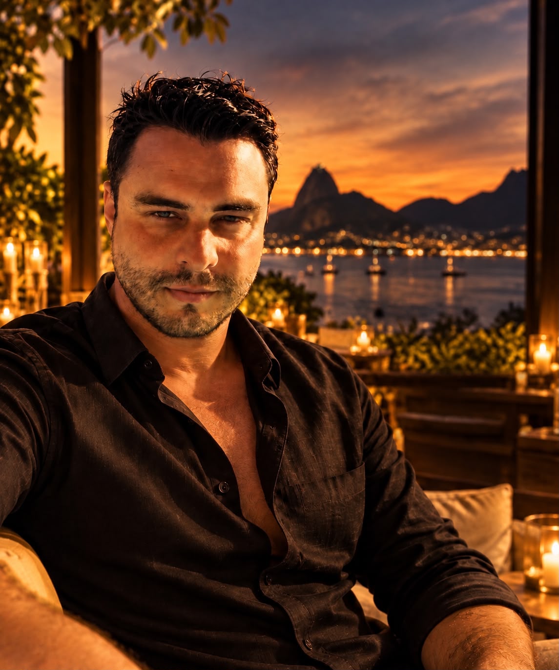 Retrato de Rodrigo Bastos com a paisagem do Rio de Janeiro ao fundo